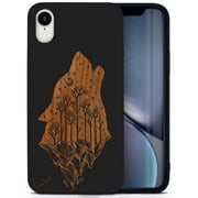 Wood phone case for iPhone XR compatible protective cell phone cover shockproof slim fit laser engraved Howling Wolf design Black wood case for Men & Women by CaseYard