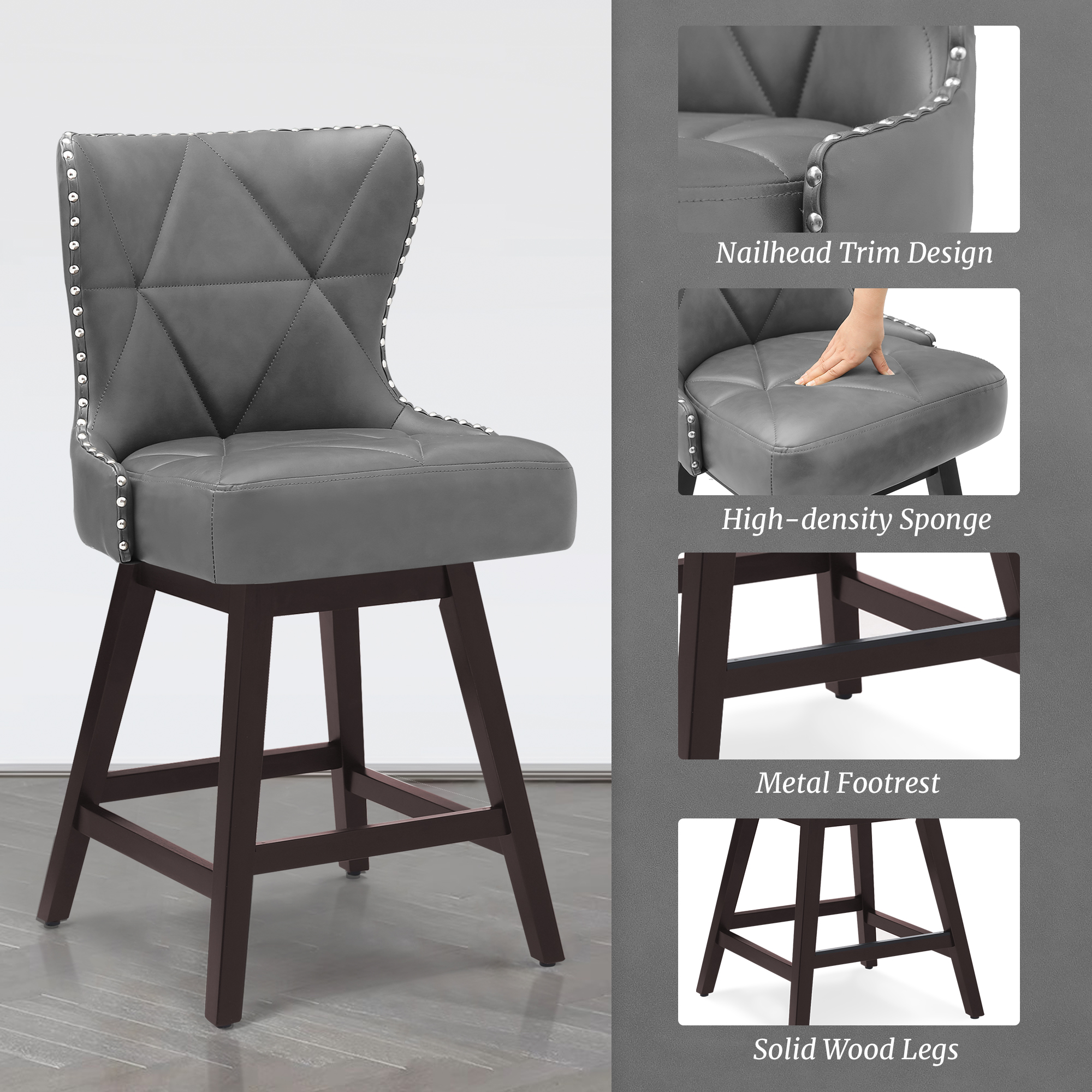 Dycanpo 26" Swivel Bar Stool with Upholstered Back, for Home Kitchen, Dark Gray