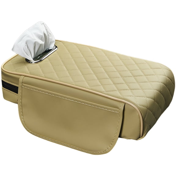 Center Console Armrest Cover, PU Leather Middle Console Lid Protector, Car Armrest Pad with Memory Foam and Integrated Tissue Box, Quilted Cushion for Arm Pressure Comfort