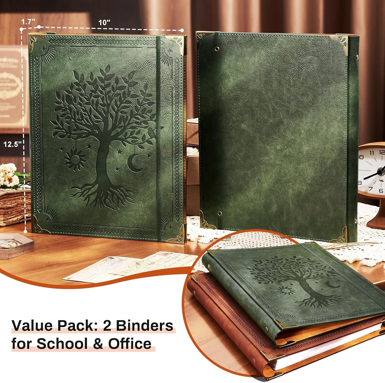 2 Pack Leather 3 Ring Binder Fits 8.5"x11" Letter Size Paper, 1 Inch Round Ring Binder Holds 200 Sheets, Notebook Cover Loose Leaf Organizer, Green and Brown