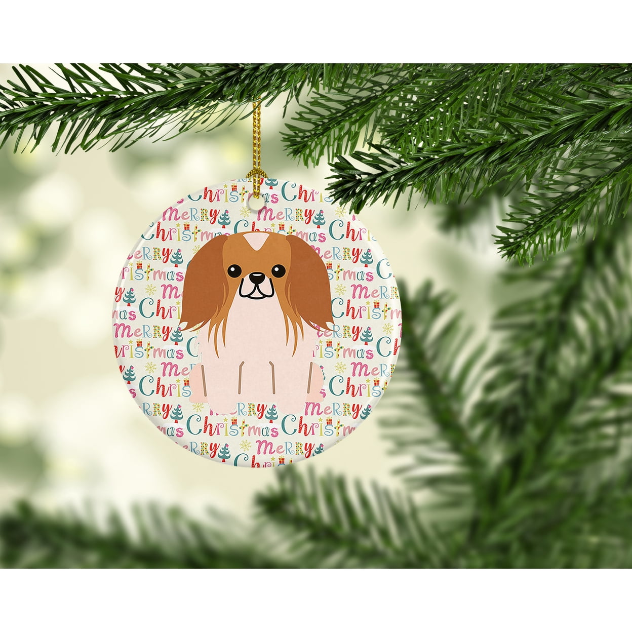 Merry Christmas Pekingese Red White Ceramic Ornament 2.8 in x 2.8 in