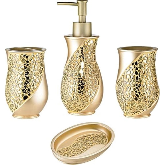 4pc Sinatra Stylish Bathroom Accessories Set Champagne Gold Soap Dispenser Pump, Tumbler, Tooth Brush Holder and Soap Dish Modern Decor Bling Mosaic Glass Gold Bathroom Accessories