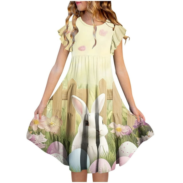 LOVZFMLL Fashion Girls' Summer Short Sleeve Ruffled Pockets Round-Neck Printed Dress