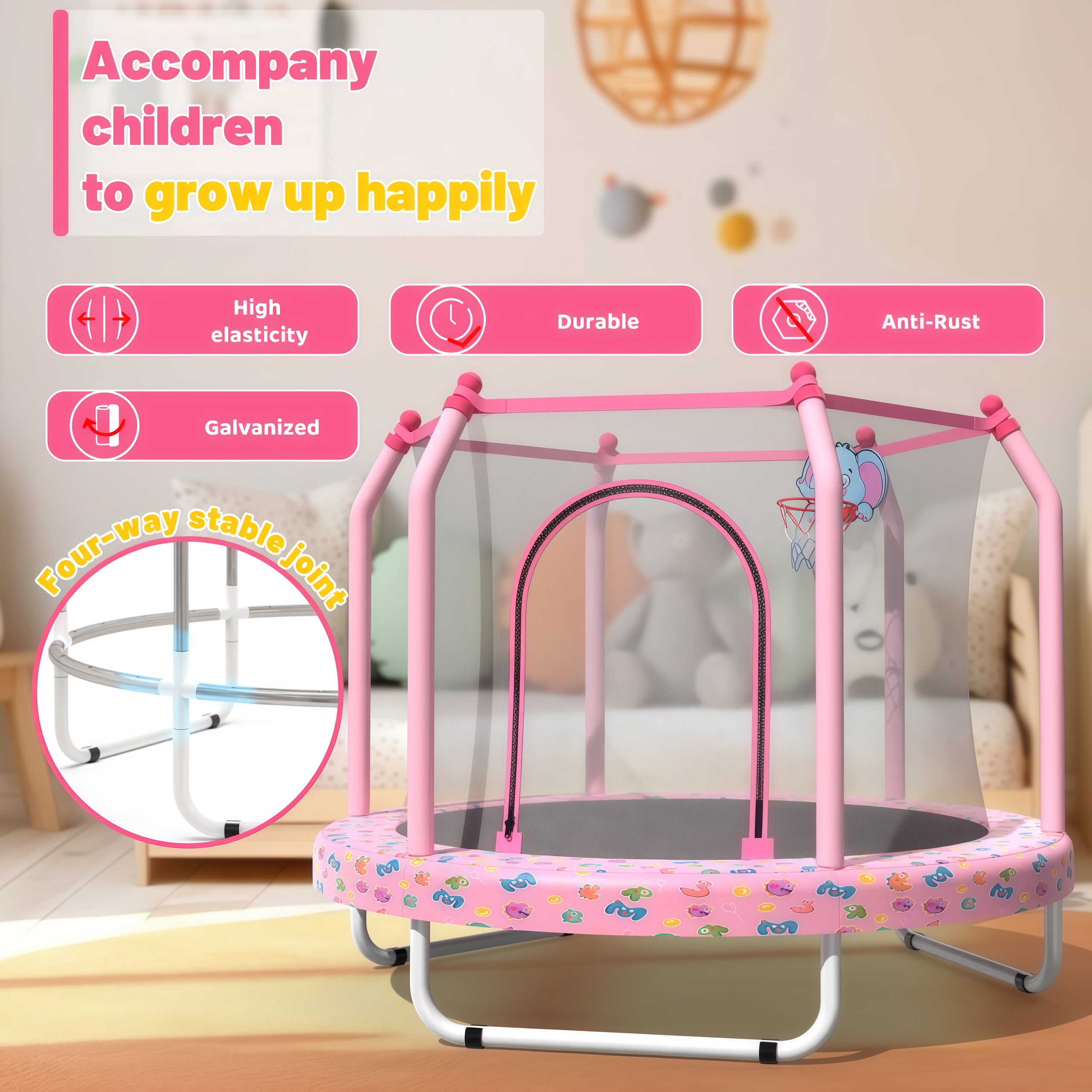 Dwelling Tales Bouncing Kids Trampoline Round with Safety Enclosure Net Basketball Hoop Indoor Outdoor Pink 55 Inch