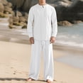 thumbnail image 2 of ZVNAΖH Men's 2-Piece Linen Set Keyhole Neck Long Sleeve Shirt & Wide Leg Pants Hawaiian Vacation Outfit Casual Beach Set, 2 of 4