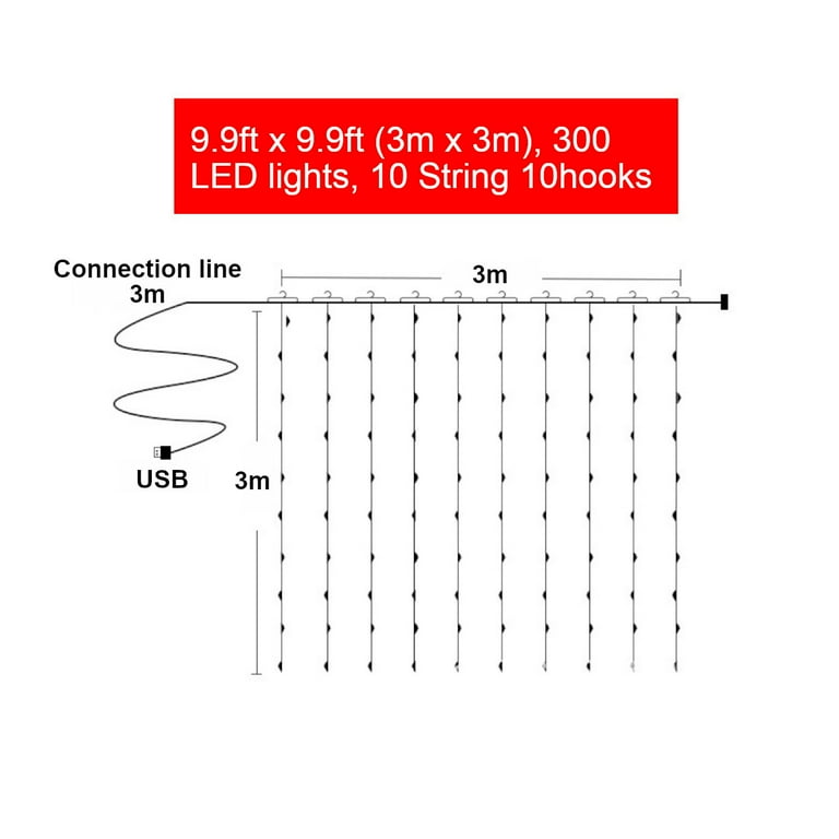 10ft x 10ft 300 LED Window Curtain Lights with Remote Control, 8