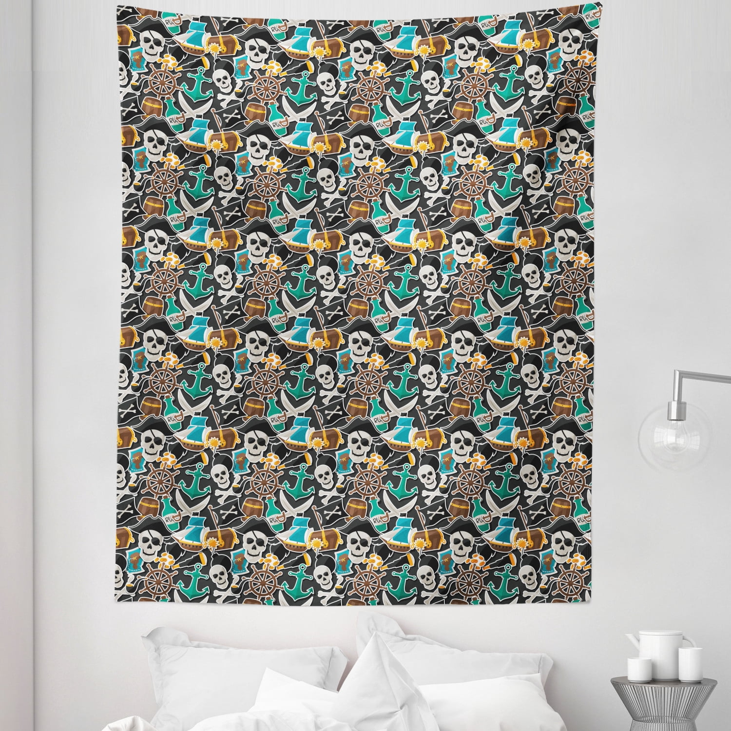 Pirates Tapestry, Colorful Pattern with Corsair of Jolly Roger Bottle ...