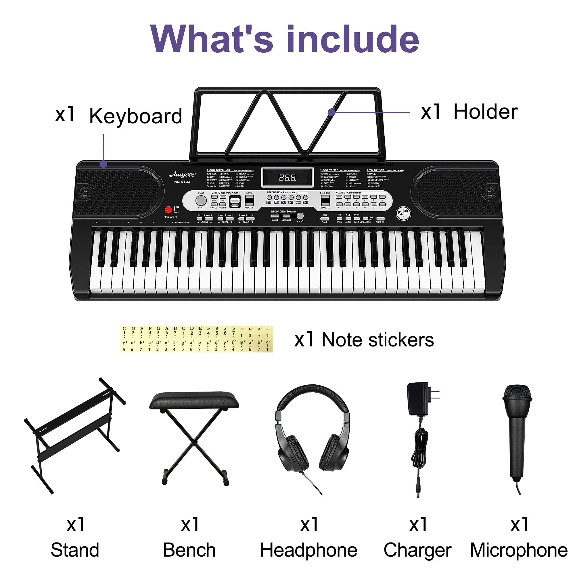 61 Key Keyboard Piano, Electric Piano Keyboard Kit, Includes Speaker Microphone, Sheet Stand and Power Supply, Gift for Beginners