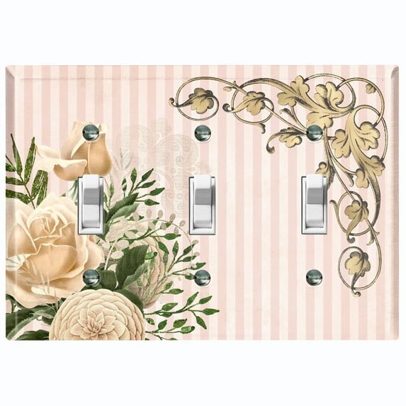 Metal Light Switch Plate Outlet Cover Elegant White Rose Peach Striped Damask FLW074