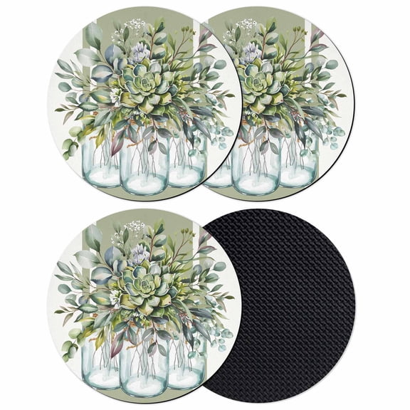 Eucalyptus Green Coasters Set of 4, Absorbent Coasters for Drinks, Vintage Bottle Succulents Stripes Coaster for Desk Coffee Table Protection, Home Decor House Warming Gifts 4"