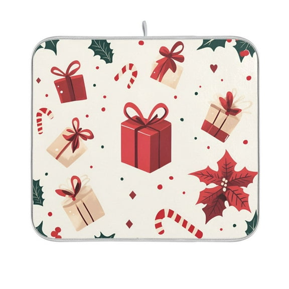 Yayeee Dish Drying Mat for Kitchen Counter 16"x18" Microfiber Absorbent Pad, Red Christmas Gift Pattern