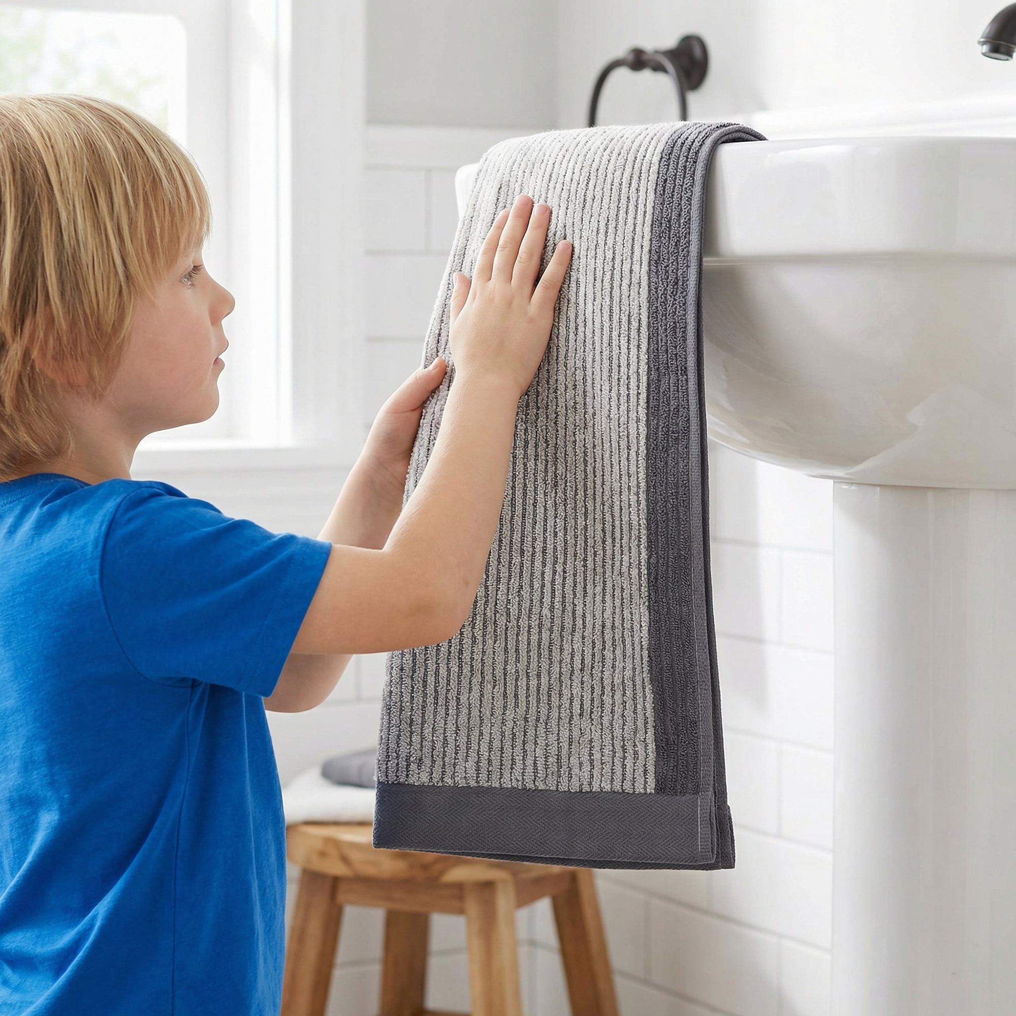 Unique Bargains Cotton Striped Hand Towel for Bathroom Kitchen Gym Grey 4pcs 29" x 13"
