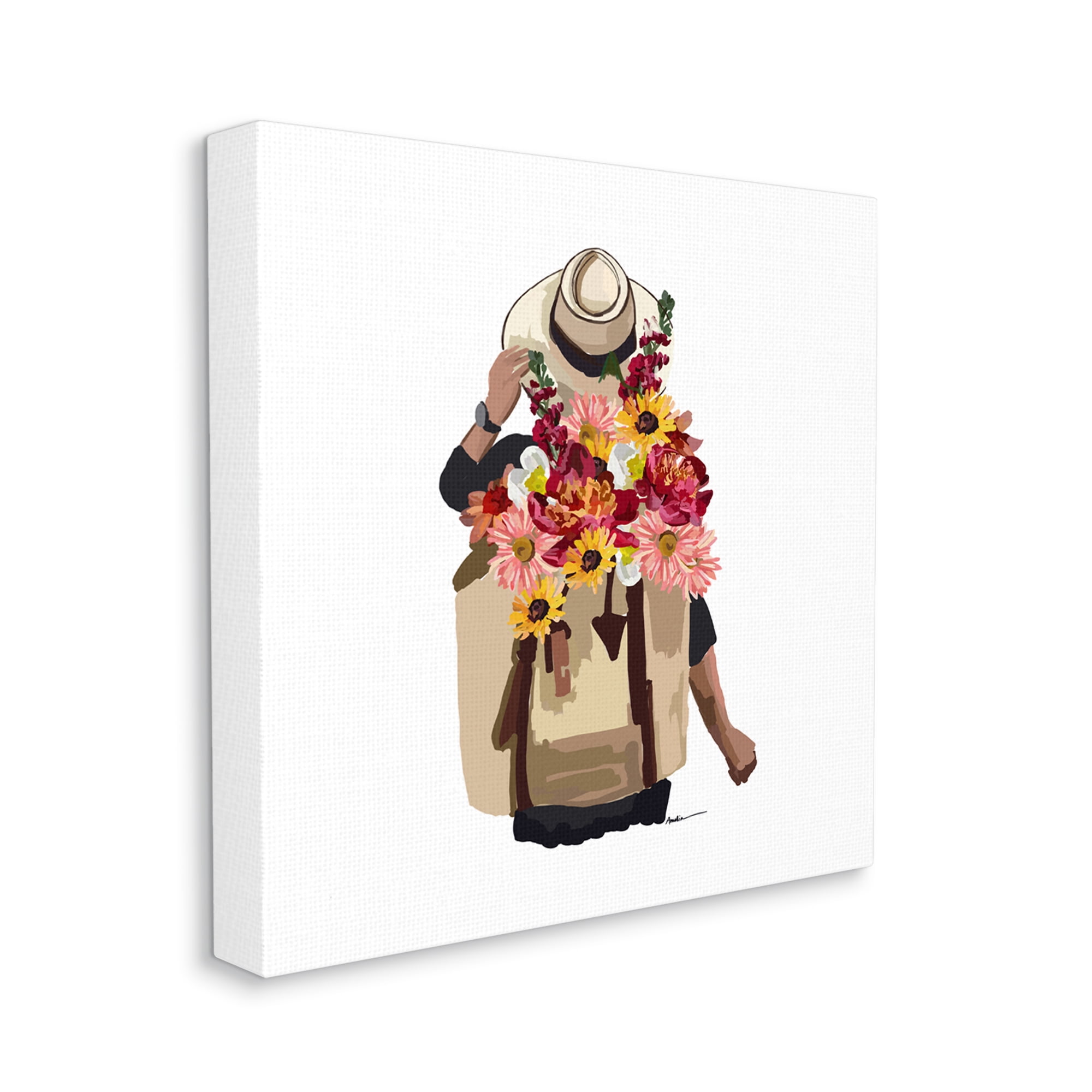 Stupell Industries Woman Carrying Backpack Mixed Flower Bouquet Arrangement Graphic Art Gallery Wrapped Canvas Print Wall Art, Design by Amelia Noyes
