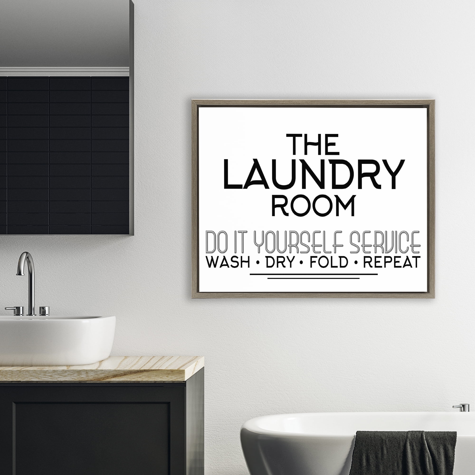 Do It Yourself Laundry Minimal Brown Framed Floater Canvas Wall Art, design by Kim Allen