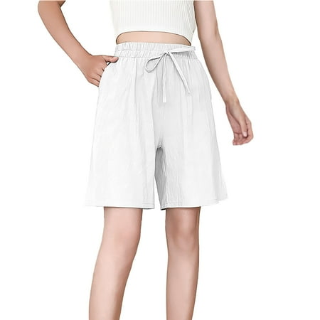 knqrhpse Shorts For Women Linen Pants Drawstring Sweat Shorts Elastic Waist Running Workout Shorts With Pockets Wide Leg Pants Pants For Women White XXL