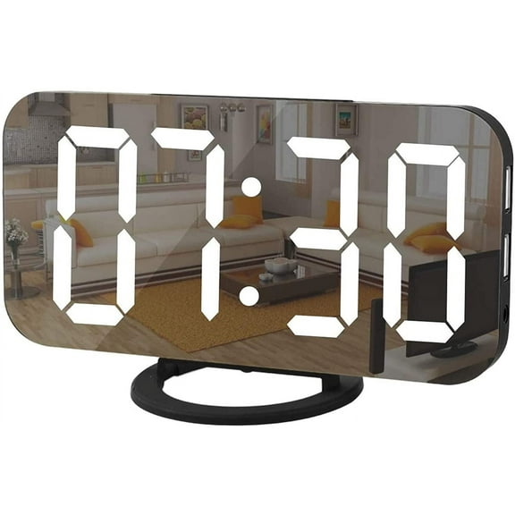 AWLYLNLL Digital Clock Large Display, LED Electric Alarm Clocks Mirror Surface for Makeup with Diming Mode, 3 Levels Brightness, Dual USB Ports Modern Decoration for Home Bedroom Decor-Black