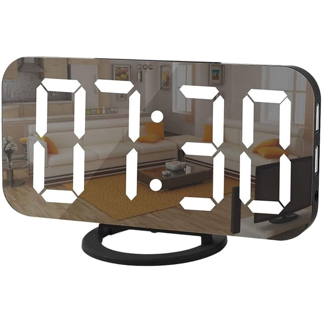 Reloj digital, pantalla grande, despertador LED, reloj eléctrico, espejo de maquillaje con modo de atenuación, 3 niveles de brillo, dos puertos USB, decoración moderna para el hogar, el dormitorio, n