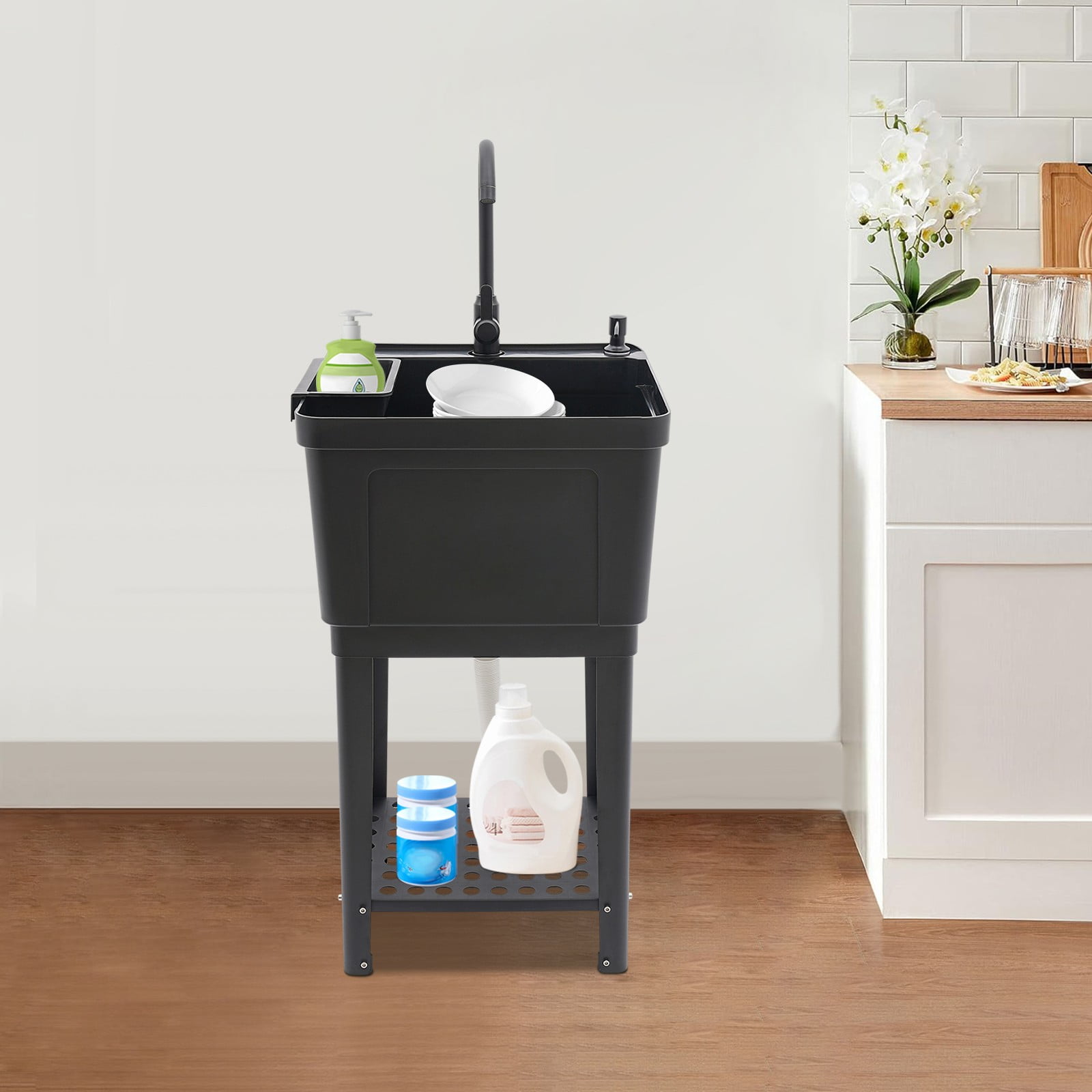 Miumaeov White/Black Laundry Sink Square Utility Sink Freestanding Washing Sink Laundry Tub with Faucet