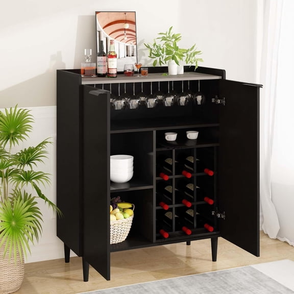 MOOSENG Industrial Bar Cabinet with Wine Storage, 37 Inch Coffee Bar Cabinet with Doors and Shelves, Liquor Cabinet for Kitchen Dining Room, Black Storage Sideboard
