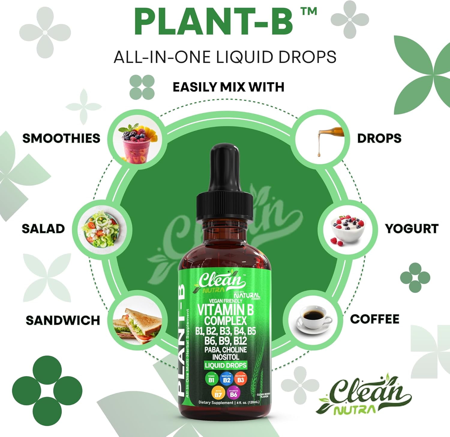 Vitamin B Complex Liquid Drops | Thiamine B1, B6, B2, B3, B4, B5, B7 B9, B12, Niacinamide, Paba, Choline Inositol Taurine Probiotics Beet Root Spirulina - Plant-B Vitamin Supplements by Clean Nutra