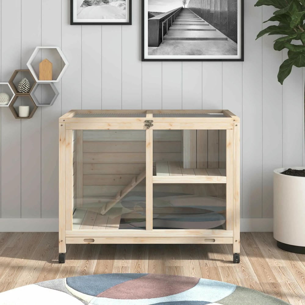 Spaco Rabbit Hutch with Wheels, Desk and Side Table Sized, Wooden Rabbit Cage, Waterproof Small Bunny Cage for Indoor & Outdoor, Beige