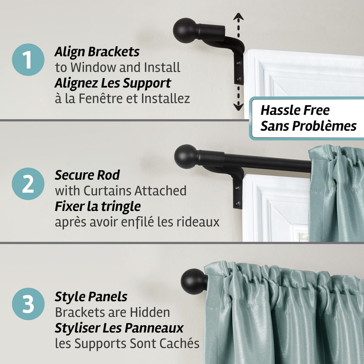 Smart Rods No Measuring Easy Install Adjustable Cafe Window Rod with Decorative Ball Finials, 18 to 48 Inch, Black, Easy to install window rod