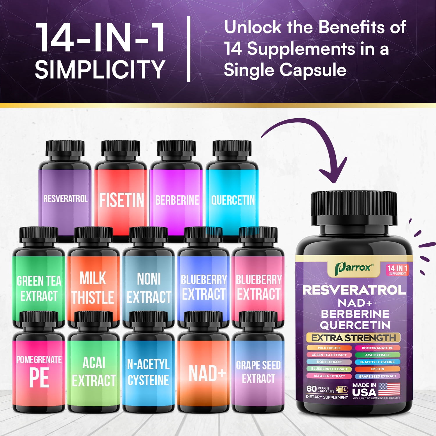 Resveratrol Supplement with Milk Thistle, NAD, Berberine, Quercetin, Fisetin, Pomegranate, Green Tea, Noni, Acai, Blueberry, Grape Seed Extracts, N-Acetyl Cysteine, 14-in-1 Extra Strength (60 Caps)