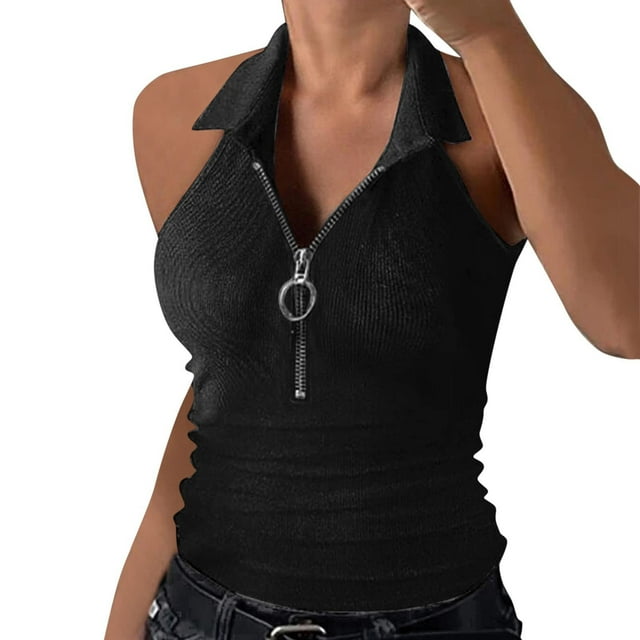 Dealovy Going out Tank Tops for Women Quarter Zipper Collared Slim Fitted Ribbed Sleeveless Crop Tees