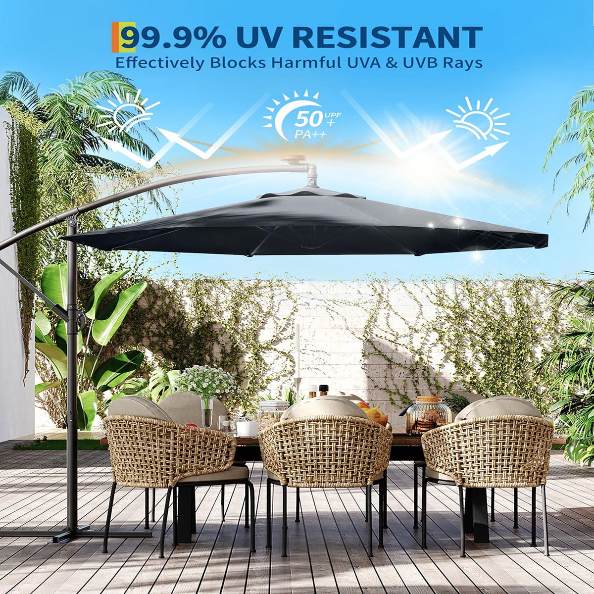 Danolapsi 10FT Offset Patio Umbrella, Hanging Cantilever Umbrella with 360 Rotating Base Outdoor Sun Shade with Easy Tilt Adjustment, 8 Ribs, UV Protection for Backyard, Lawn, Garden and Pool