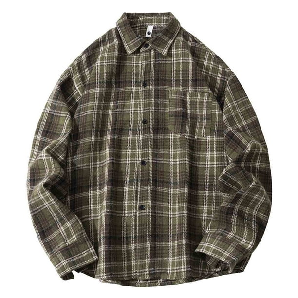 Blusa y camisa de manga larga con cuello vuelto para hombre, blusa informal a cuadros a la moda con botones y cuello vuelto, blusa de poliéster para hombre
