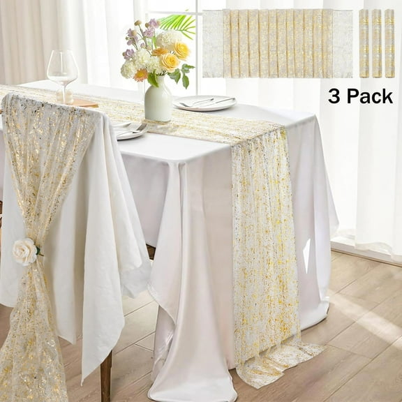 3 Pcs 10 Ft Golden Table Runners, Sheer Chiffon Cheesecloth Tablecloths, Golden Sequin Glitter Metallic Foil Centerpieces for Wedding Birthday Christmas Birthday Party Table Decorations