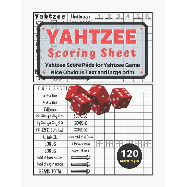 yahtzee scoring sheet v 22 yahtzee score pads for yahtzee game nice obvious text and large print yahtzee score card 8 5 11 inch paperback walmart com