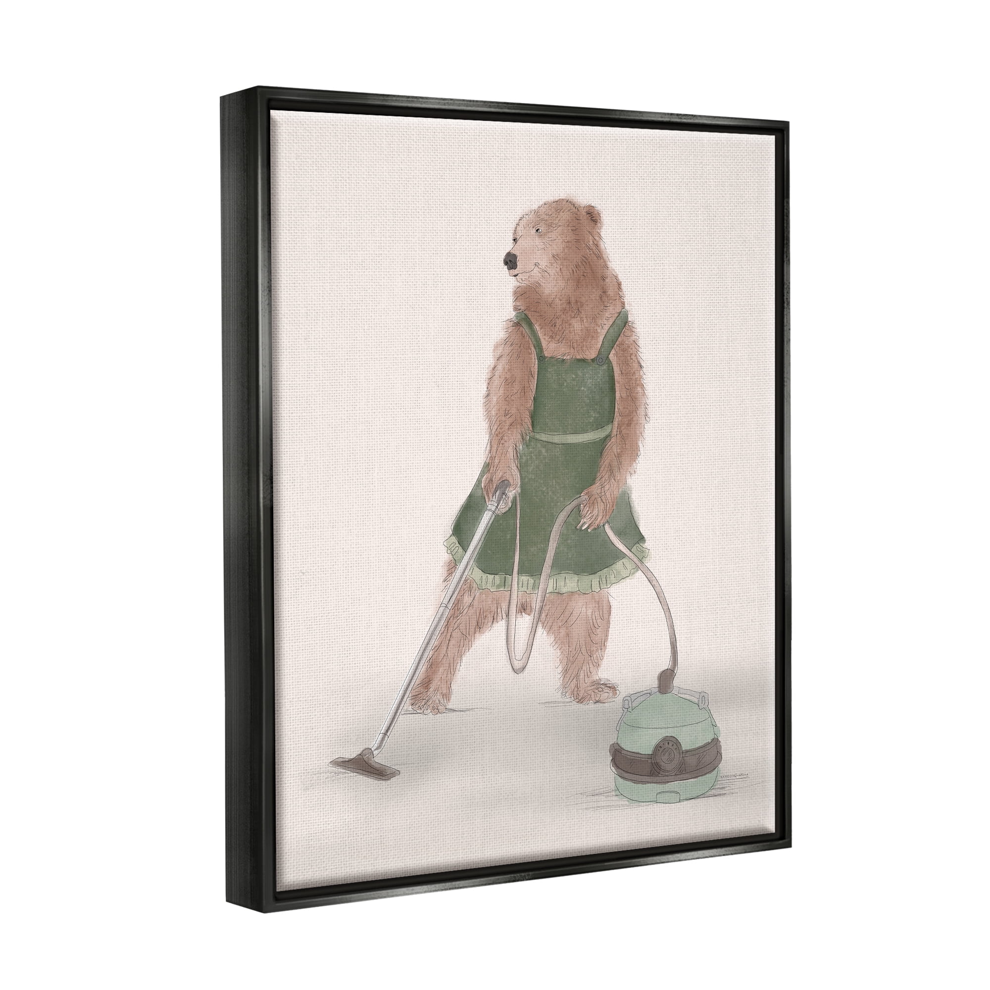 Stupell Industries Bear Vacuuming in Apron Animals & Insects Painting Black Floater Framed Art Print Wall Art, 25 x 31