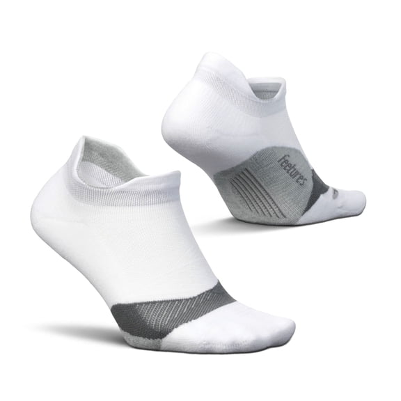 Feetures Elite Light Cushion No Show Tab Ankle Socks - Sport Sock with Targeted Compression - New White, L (1 Pair)