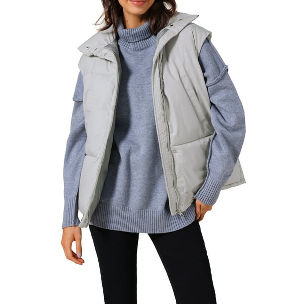 Chaleco acolchado sin mangas de invierno ligero para mujer Inspire Chic, con cuello alto, abrigo acolchado cálido, color gris