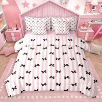 jejeloiu Kawaii Bowknot 7-Piece Bedding Comforter Set,Cartoon Bowtie Bow King Bedding Sets,Pink Geometric Stripes Bed Sheets For Girl,Breathable Home Decor Reversible