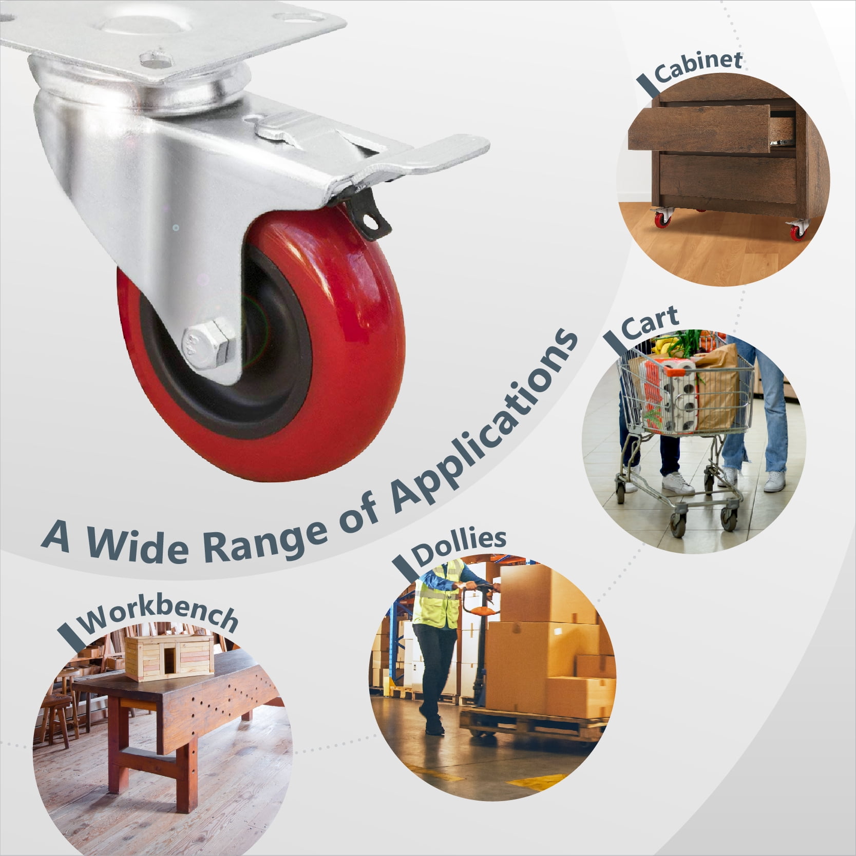 POWERTEC 4PK 3-Inch Swivel Caster Wheels with Brake & 640 lbs Loads, Heavy Duty Plate Casters, Dual Locking PU Castor Wheels for Furniture, Cart, Dolly and Workbench (17205)