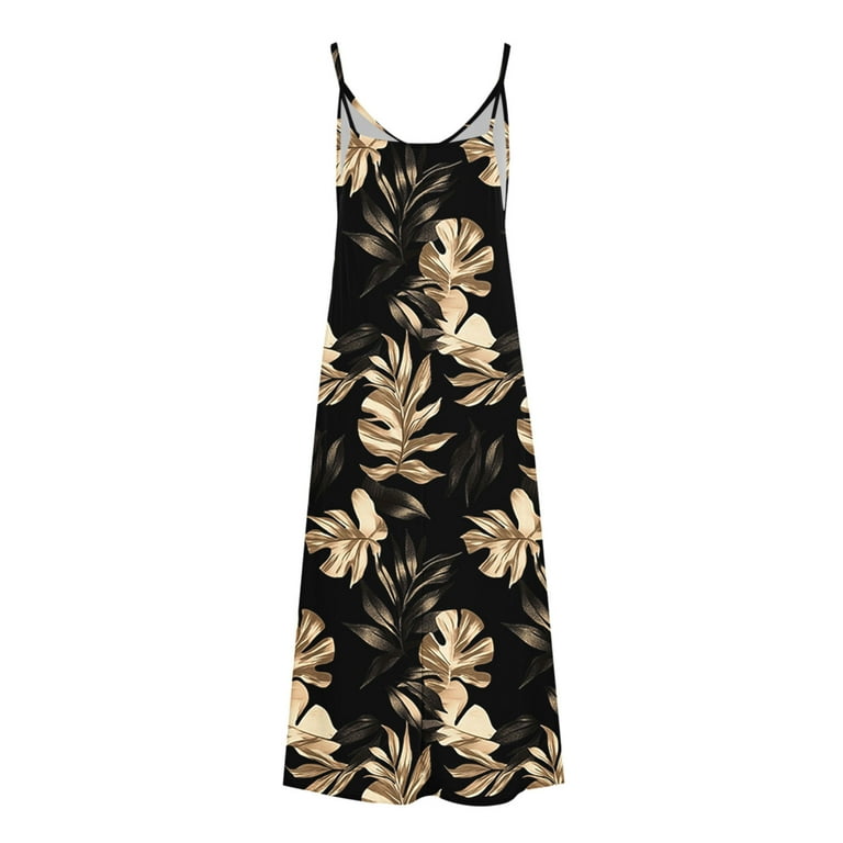 Mnyycxen Women's Long Beach Dresses Spaghetti Straps Summer Sexy V Neck Camisole Maxi Dress - Vintage Floral Print A Line Flowy, Size: 2XL, Black