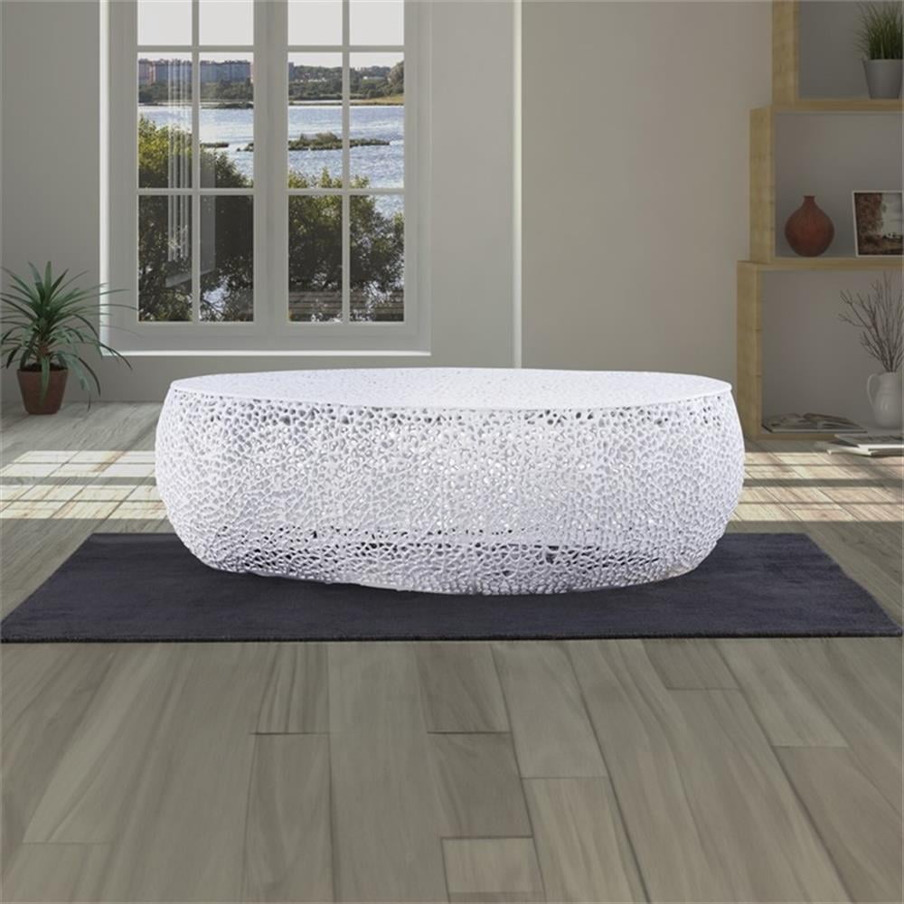 Pemberly Row Oval Shape Coffee Table Made with Aluminum in White Color