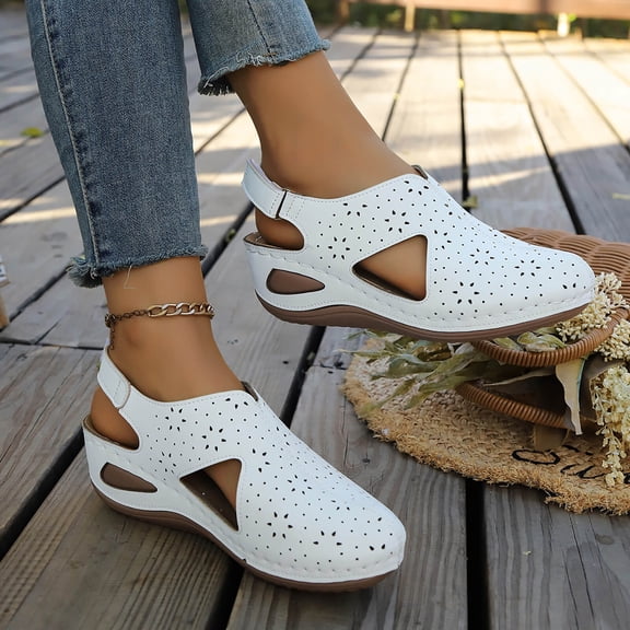 Taylonsss Women's Casual Breathable Perforated Sandals with Low Wedge Heel Adjustable Ankle Strap Closed-Toe for Comfortable Daily Wear Outdoor Indoor