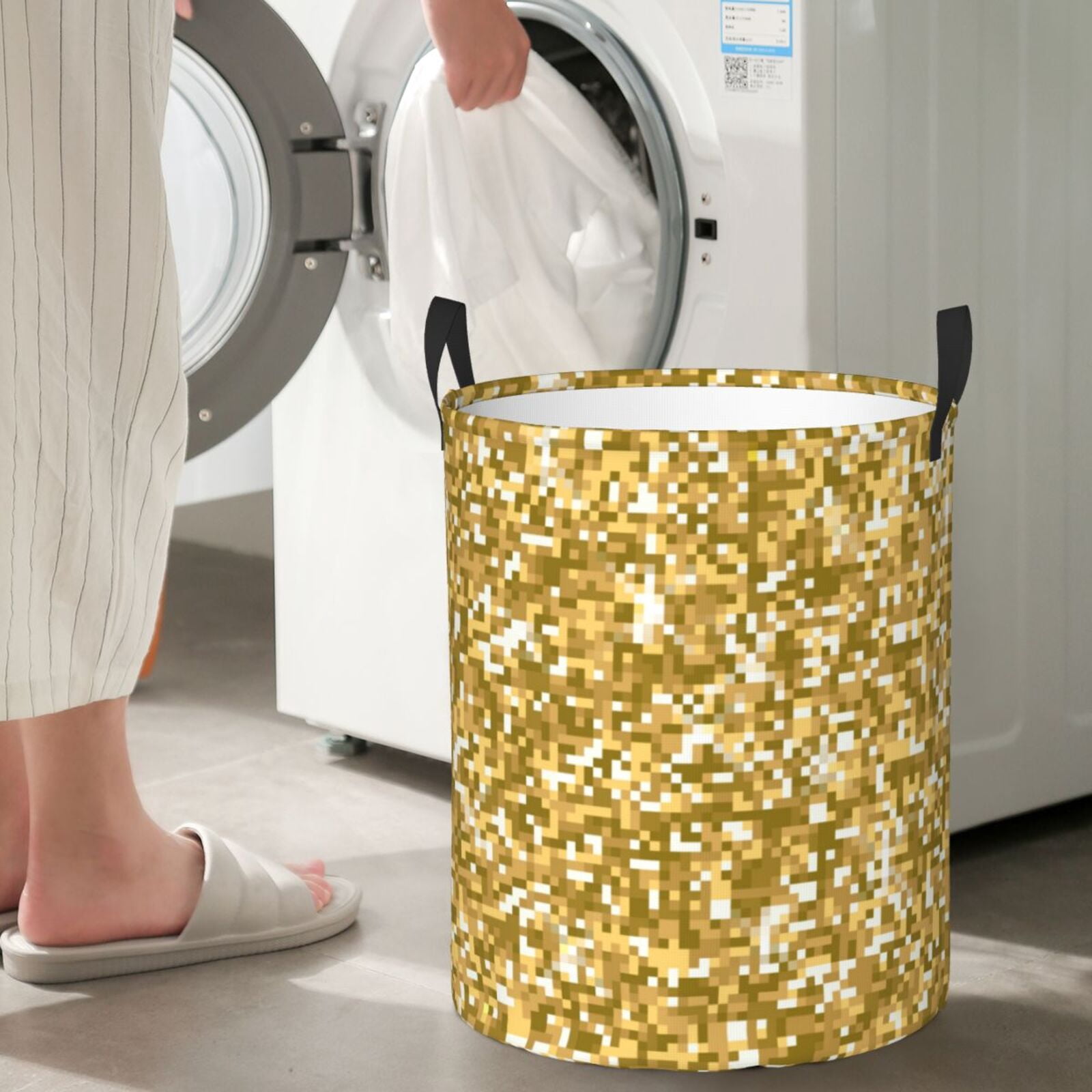 Large Laundry Basket with Handles - Glitter Gold Kids Baby Dirty Clothes Laundry Hamper for Bedroom Aesthetic