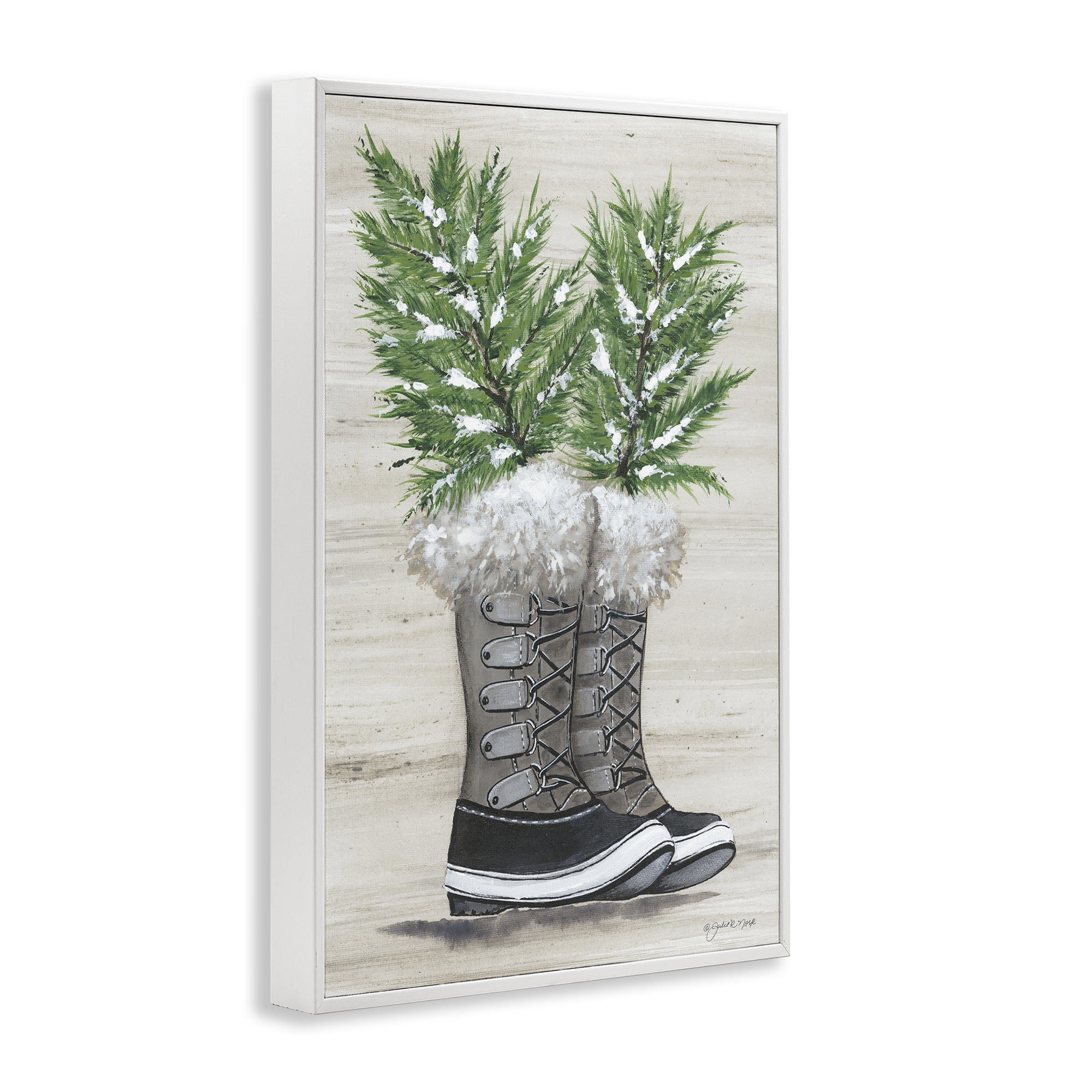 Stupell Industries Winter Sprigs in Boots Botanical & Floral Painting White Framed Art Print Wall Art, 20 x 30