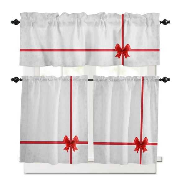 Christmas Gifts Kitchen Curtains and Valances Set, Red Bow Snowflakes Funny Rod Pocket Window Valance 18 Inch Window Curtain Panels for Living Room Bedroom Laundry, 27.5x24in, 3 Pieces