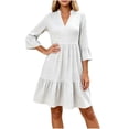 thumbnail image 3 of VBVC Women's Gingham V Neck 3/4 Sleeve Mini Dress , Ladies' Ruffle Bell Sleeve Casual A Line Dress , Summer Casual Tiered Plaid Dress For Women,White,S-2XL, 3 of 6