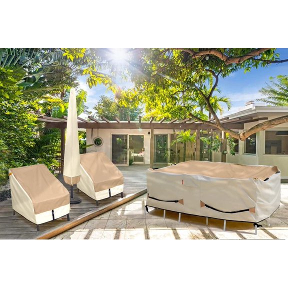 Table Cover - Waterproof Outdoor Dining Table and Chairs Furniture Set Cover Rectangular - 75 x 43 inch, Light Tan & Khaki