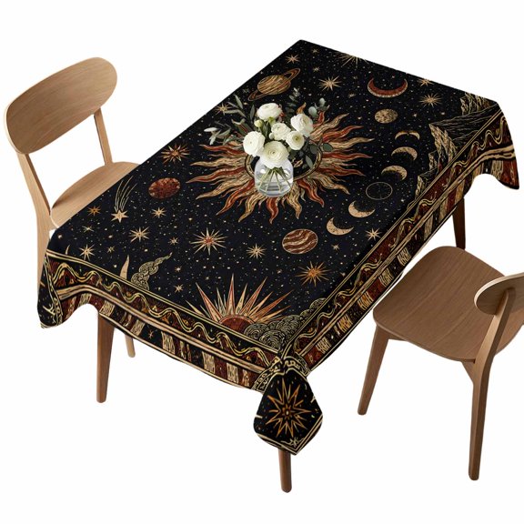 Golden Black Rectangle Tablecloth, Sun Middle Century Abstract Luxury Waterproof & StainResistant Tablecloth, Washable Oil-proof Table Cover for Dining/Party/Wedding/Camping/Buffet 60x102 In