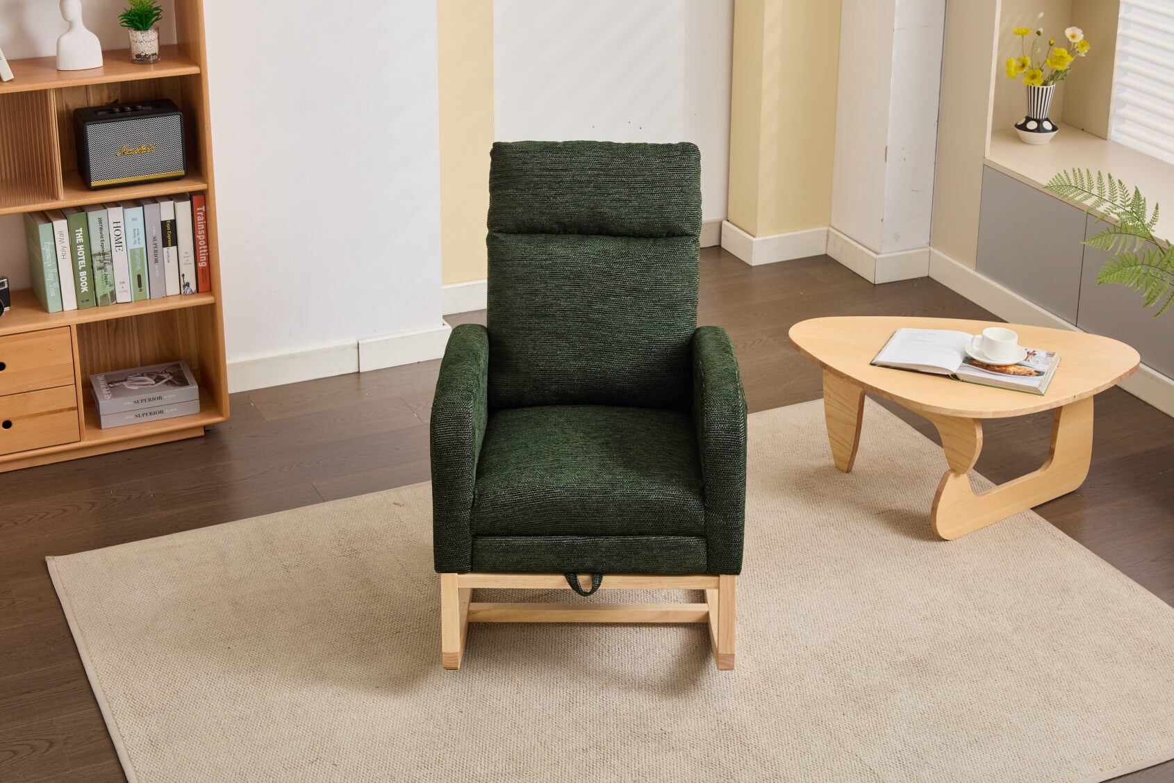 Solid Wood Legs Nursery Glider Rocking Chair with High Backrest, Upholstered Armchair Featuring Side Pocket for Baby Nursery and Living Room Comfort