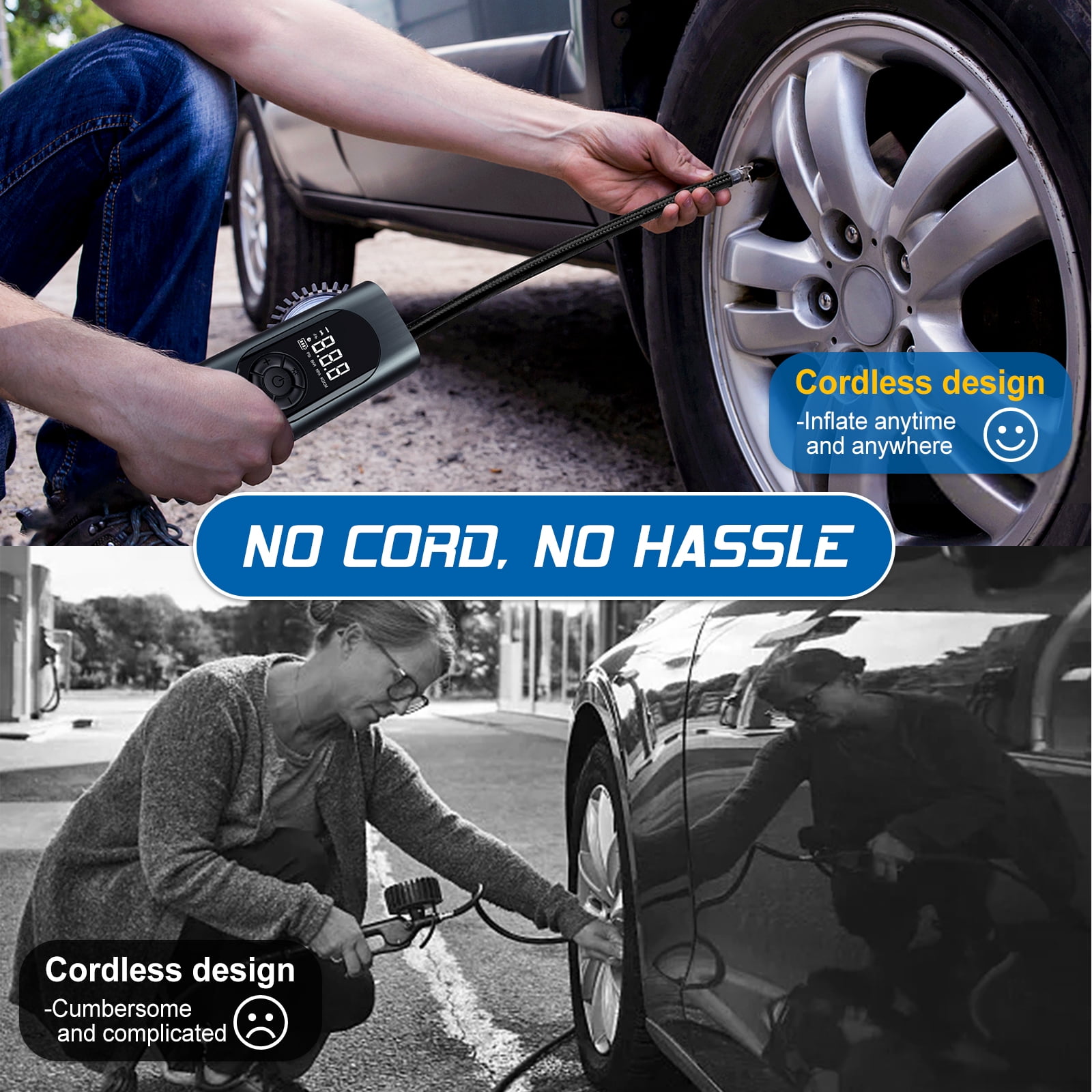Nonstop Automotive Portable Tire Inflator Compressor 150 PSI Air Pump for Car, Bike, Motorcycle Tires, 6000 mAh Battery, 12V