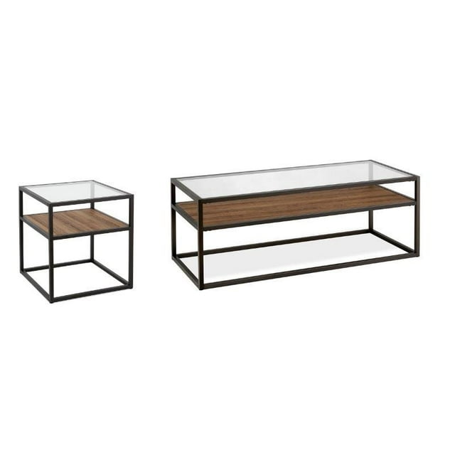 Ensemble de 2 Tables Basses en Bois et Verre et Table d'Extrémité
