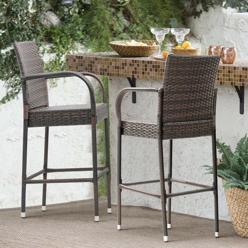 Outdoor Patio Bistro High Chairs Furniture with Armrest 2pcs Bar Stools Brown 